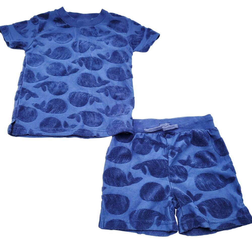 Topomini Blue Terrycloth Raised Whale Print Shirt & Short Set Girl 86/92 (US 2T)